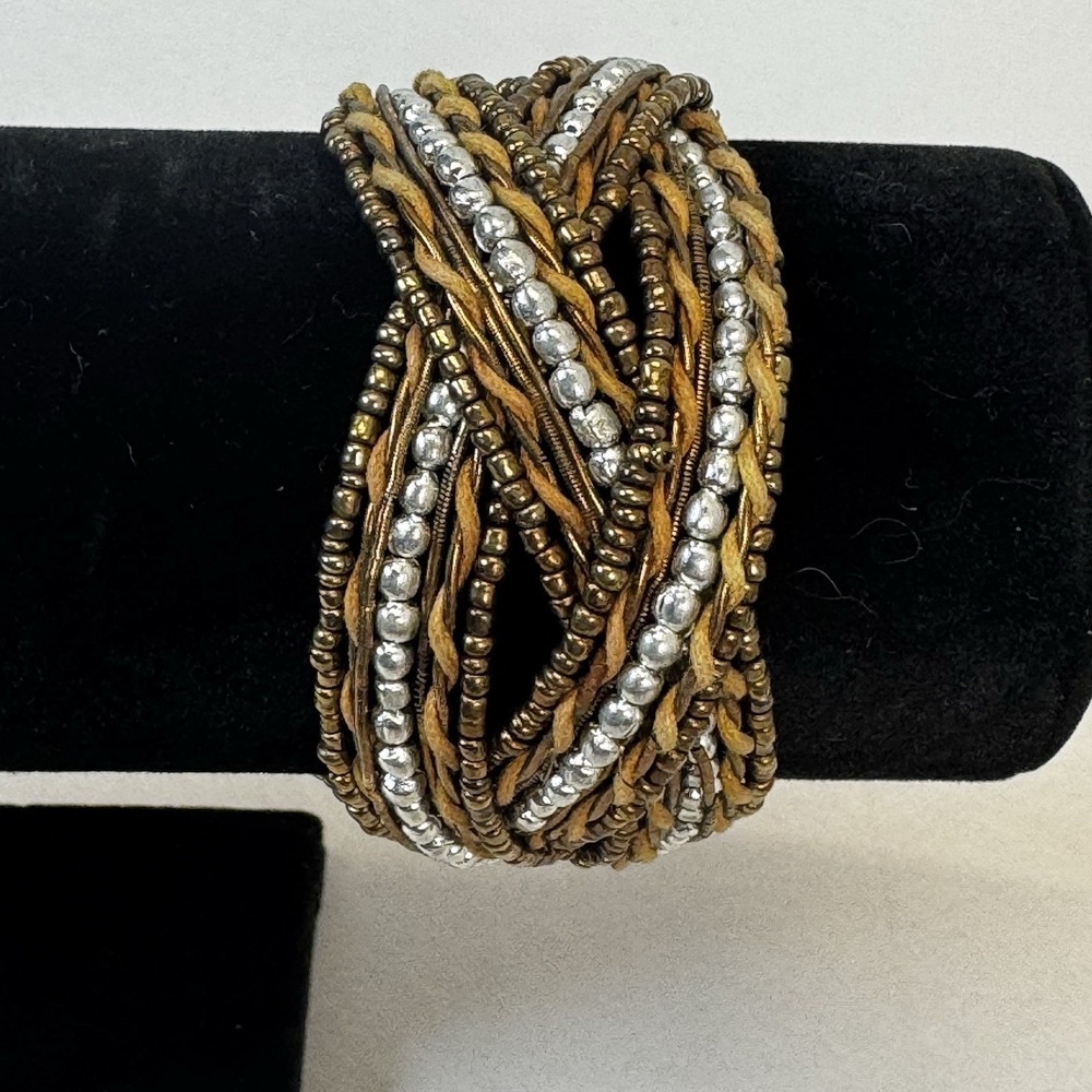Boho Multi Strand Seed‎ Bead Cuff Bracelet Bronze Browns Wire Wrap